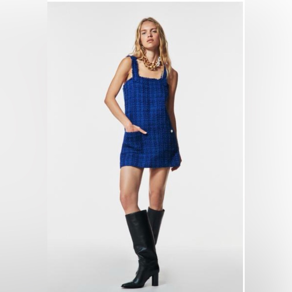 Zara Blue Textured  Pinafore Mini Dress